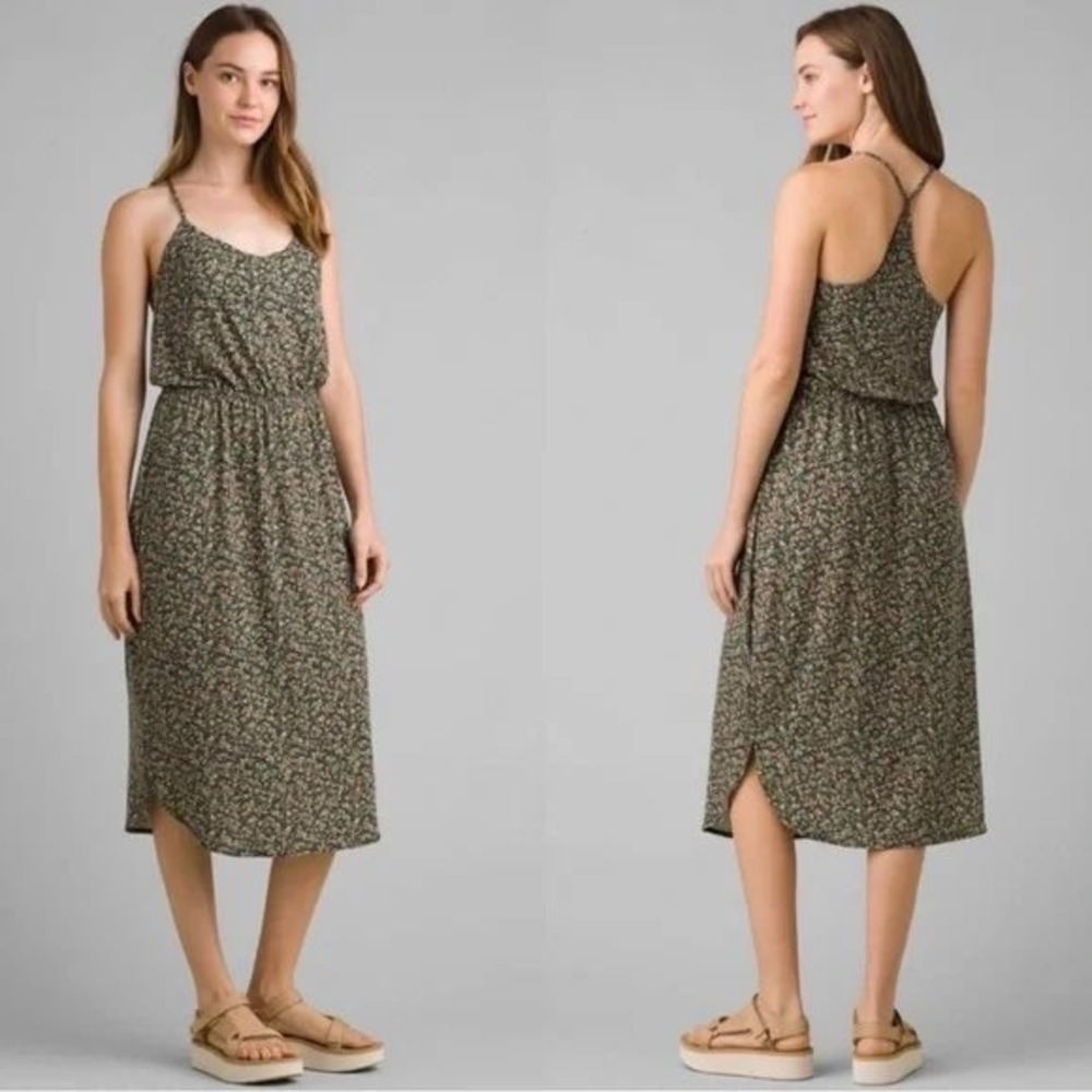 PRANA Ayala Midi Jersey Dress in Black Pedals Ditsy Floral Size XS